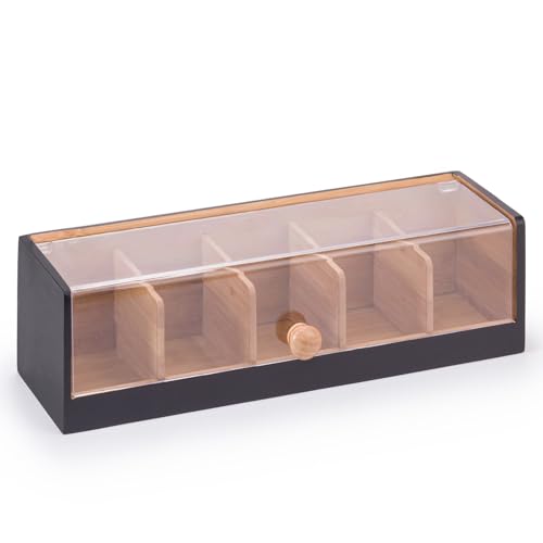 Woodluv Tea Storage Organizer with 5 Compartments, Premium Multi Purpose Display Case, Storage for Assorted Teas, Lidded Countertop Holder, Stylish Chai Container with Lid for Kitchen - Black
