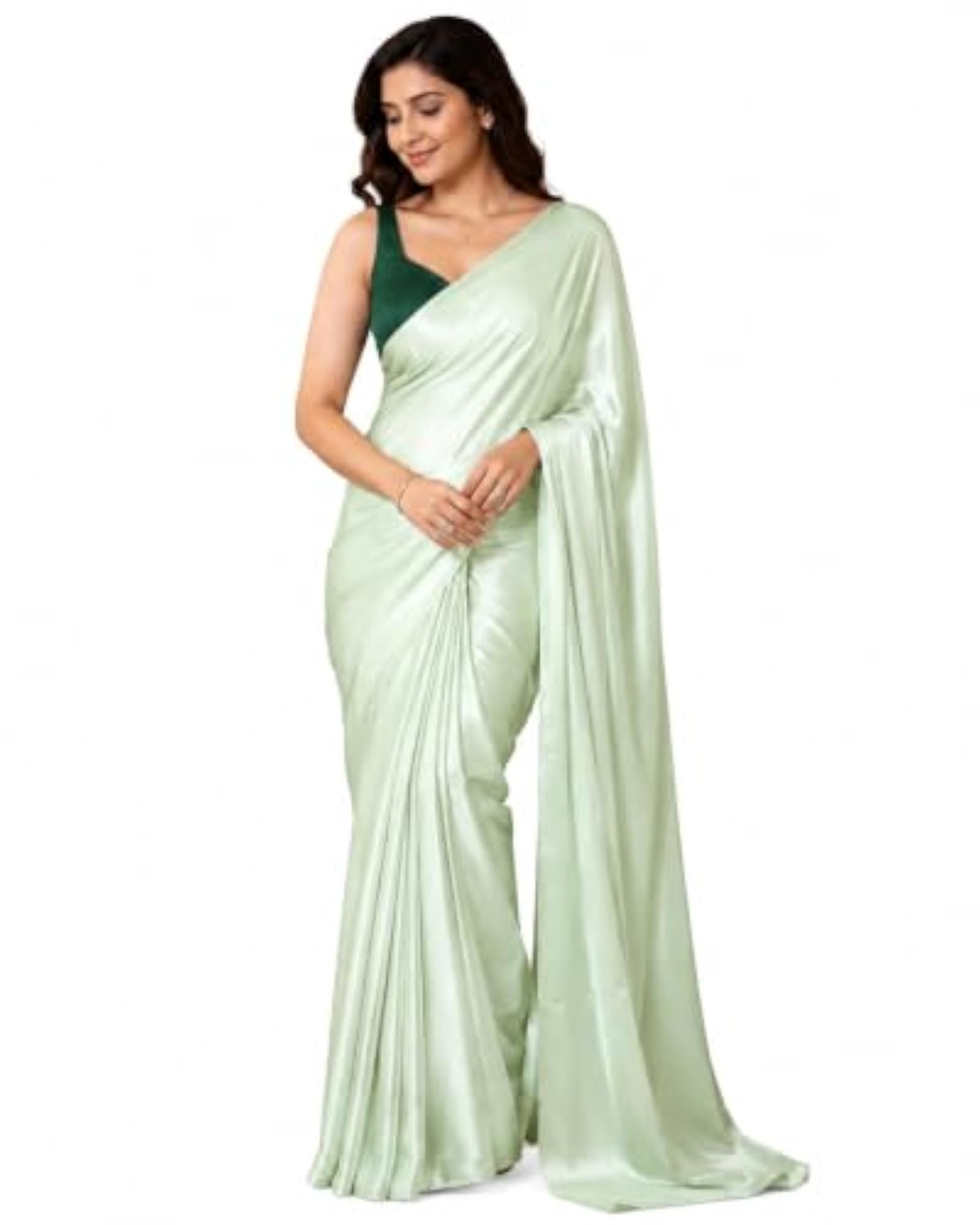 Pastel Mint Green Soft Satin Saree with Contrast Green Blouse