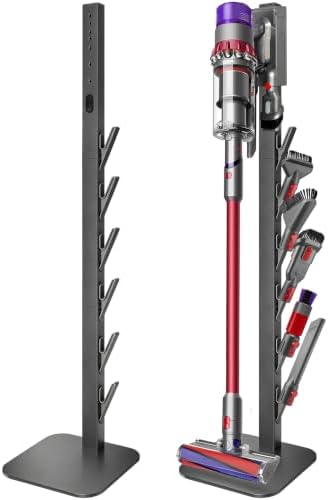 Freistehender Staubsaugerständer für Dyson V16/Gen5/V15/V12/V11/V10/V8/V7 | Dyson Halterung mit 6 Zubehörhaken, robustem Metallrahmen, beschwertem Standfuß, verdeckter Kabelführung