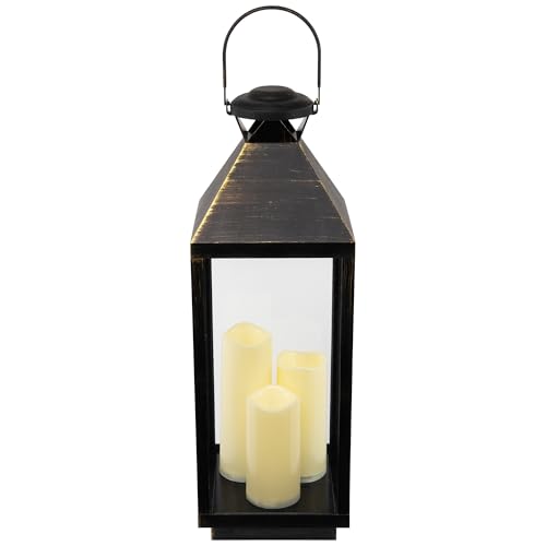 Image of Lantern with Flameless LED Candles - 24 inch - Gold and Brushed Black