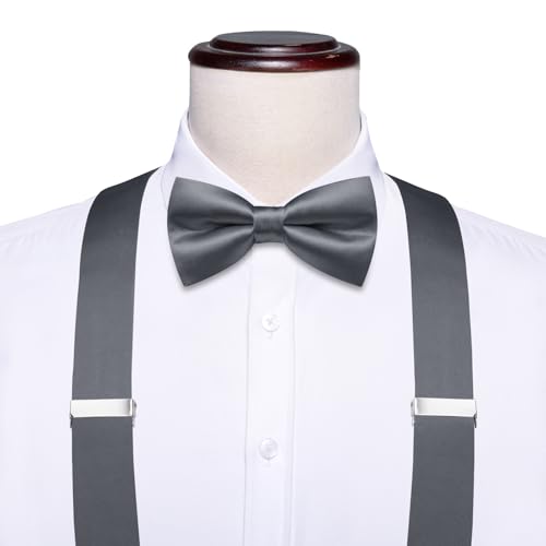 Image of Hi-Tie Men Suspender Bowtie Set Suspenders Pre-tied Bow Tie Pocket Square Cufflinks Adjustable Y Shape 6 Clips Braces Tuxedo