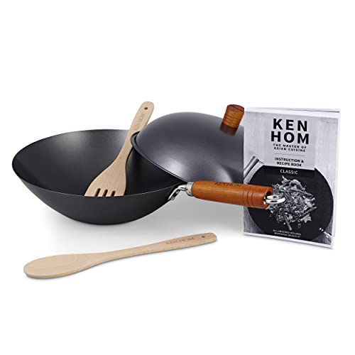 Ken Hom Wok Set 5 Piezas Acero Carbono Antiadherente, 31cm, Classic, Sartén Sin Inducción/Con Mango De Madera/Base Plana, No Apto Para Lavavajillas, 2 Años de Garantía, KH331051