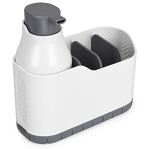 Dish Soap Dispenser with Sponge Holder, MAGLADY Plastic Soap Pump with Caddy Soap and Sponge Holder for The Kitchen Sink Dispenser with Storage Compartment for Bathroom Kitchen Sink Counter