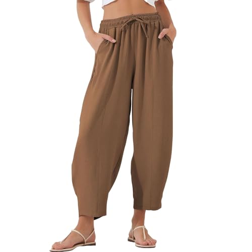 Cropped Linen Pants for Women Casual Boho Drawstring Waisted Harem Pants with Pockets Summer Loose Lightweight Pant