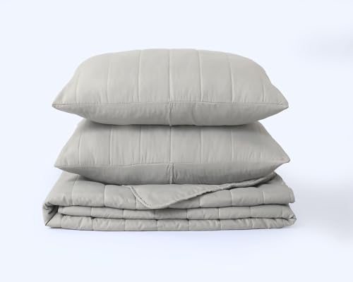 King Size Bedspreads Tram Lines Quilted Pattern - 3Pcs Linen color Sofa Throw Set 240x260cm Soft Microfiber Lightweight Coverlet with 2 Pillowcases 50x75cm for All-Season (Linen, King)