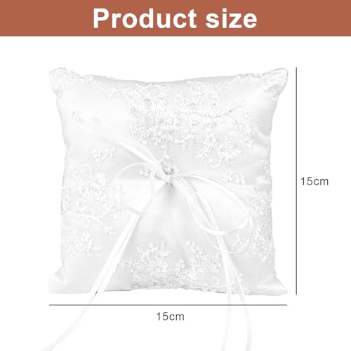 mimzemamz Ringkissen Hochzeit Ringhalter Kissen, Weiß Brautkissen Träger Ringschachtel 15x15cm Ringkästchen Ringschatulle mit Satinband für Eheringe