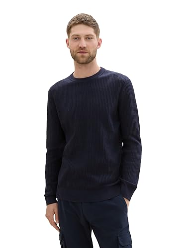 TOM TAILOR Herren Basic Strickpullover mit Struktur,13160 - Knitted Navy Melange, L