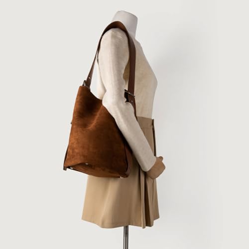 Faux Suede Shoulder Tote Bag Bucket Purse Handbags for Women, Black Brown Suede Totes Crossbody Bags for Work4
