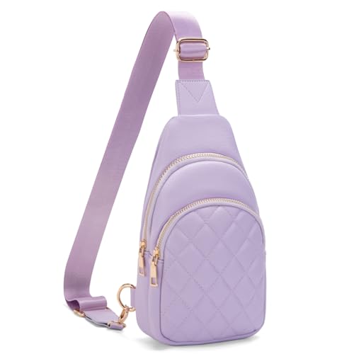 Sling Bag for Women Crossbody Bag Purse Womens Vegan Leather Fanny Pack Chest Bag with Adjustable Strap Qulited Lavender