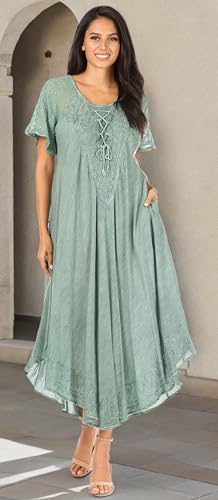 Image of Sakkas Egan Long Embroidered Caftan Dress /Cover Up with Embroidered Cap Sleeves