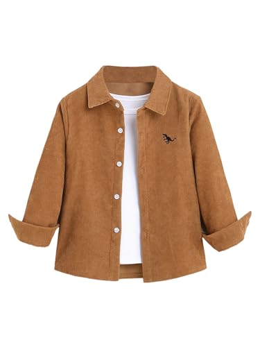 Verdusa Boy's Corduroy Shirt Embroidered Long Sleeve Lapel Collar Button Down Shirts
