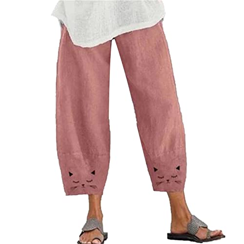 Maiyifu-GJ Women's Cotton Linen Slim Pants Summer Beach Casual Baggy Pant Elastic Waist Lightweight Wide Leg Trousers (Pink,3X-Large)