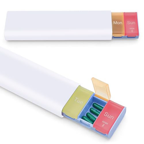 FINELYCR Tablettendose 7 Tage, Tablettenbox Reise mit 7 Farbigen Fächern, Tragbares Pill Organizer, Weiß Gehäuse Tablettenbox Klein, für Zuhause, Reisen und Büro