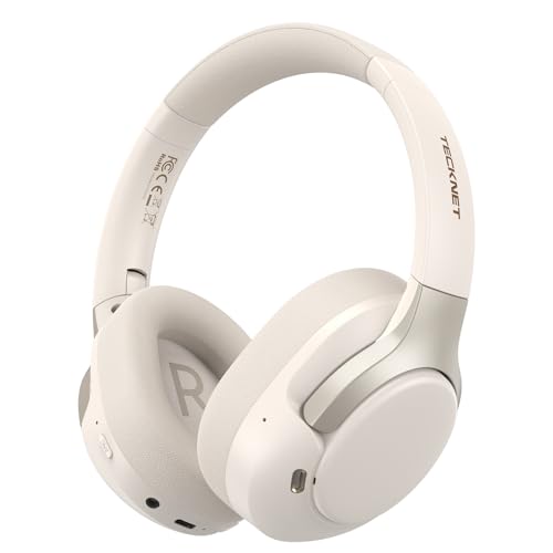 TECKNET Over Ear Kopfhörer Bluetooth mit Hybrid Active Noise Cancelling, Kabellose Bluetooth 6.0 Kopfhörer, 70 Std. Wiedergabezeit, 6 EQ-Modi, 3,5-mm-Audiokabel für Zuhause, Reisen und Büro, Weiß