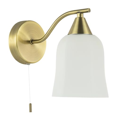 Happy Homewares Traditional Pull Switched Downlighter Wall Light Fitting in Antique Brass with Opal White Glass Shade | 1 x 7w E14 | 19cm x 20cm x 12cm