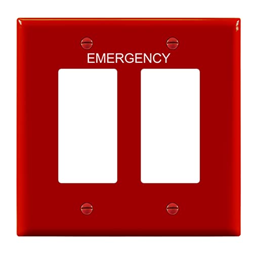 Image of ENERLITES 2-Gang Red Mid-Size Decorator Switch Outlet Wall Plate Cover | Emergency Label, 1 Pack, Size 4.88 inchx4.92 inch, Fits switch /outlet /receptacle, Gloss, Durable Polycarbonate, UL Listed