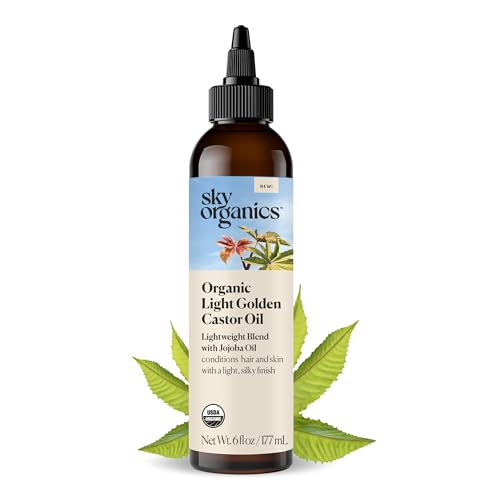 Image of Sky Organics - Organic Light Golden Castor Oil (6 fl oz /177 mL) Conditions Hair, Skin, Brows, Scalp - Castor Oil Organic - Jojoba, Safflower Seed, Sweet Almond - Vegan, Cruelty Free, Beauty, Hair Care