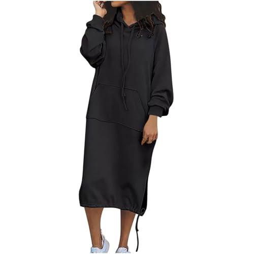 Sweatkleid Damen Lang Mit Kapuze Pullover Damen Wadenlang Elegant mit Schlitz Hoodie Kleid Damen Frühling Herbst Pulloverkleid Langarm Einfarbig...