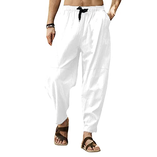 Cooleep Pantaloni Lino Uomo Estivi Casual Pantaloni Elasticizzati Leggeri da Yoga Spiaggia Bianco 4XL
