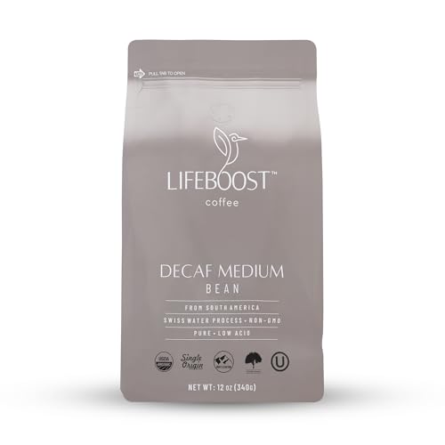 Lifeboost Medium Roast Swiss Water Decaf Whole Bean Coffee - Low Acid Organic Decaf Coffee, Non-GMO, USDA Organic, Single Origin, Third-Party Tested for Mycotoxins & Pesticides - 12 oz Bag