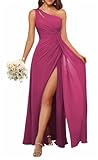 KIYNE Vestido de dama de honor con un hombro descubierto, sin mangas, plisado, de gasa, vestido de noche formal, fucsia, 42
