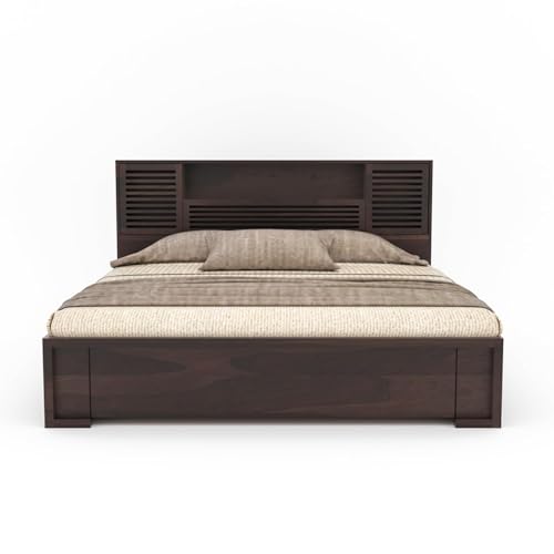 Image of Solid Wood Bed with Storage | Modern Wooden Bed with Slatted Headboard | Strong & Durable Bed Frame for Bedroom Home & Hotel (Walnut Finish, Queen)