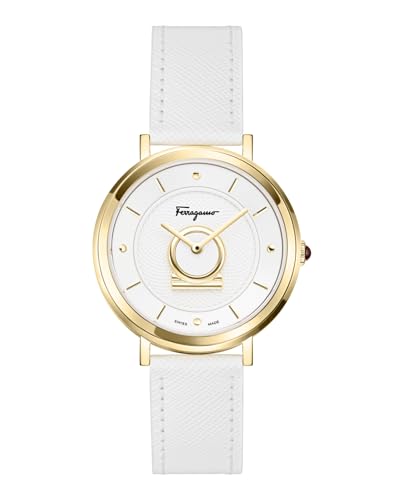 Ferragamo Minuetto Collection Luxury Womens Watch Timepieces with a White Strap and Dial Featuring a Gold Case