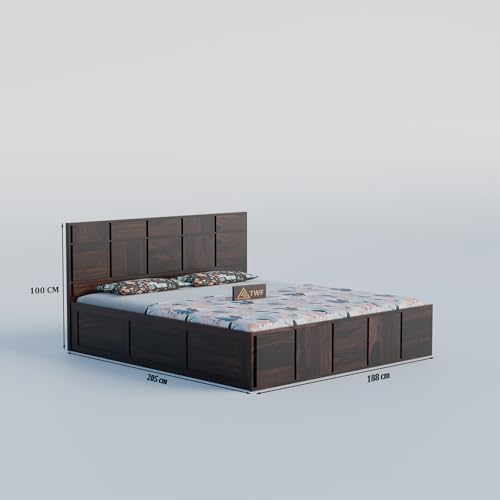 Image of Solid Sheesham Wood King Size Bed with Storage Box | Double Bed for Bedroom | Plan Panel Design Wooden Double Bed Cot for Home & Hotels | Rosewood, Walnut Finish