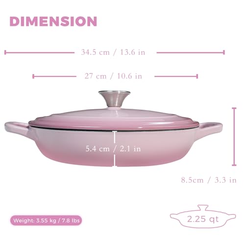 Flavehc Braiser Enameled Cast Iron Braiser 2.25 qt Braiser Pan with Lid Pink Shallow Cast Iron Casserole Braiser Pan with Handels