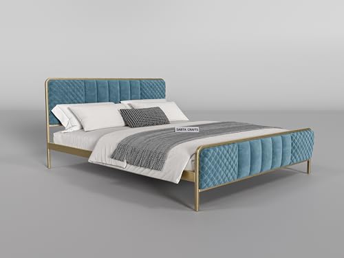 Image of Modern Upholstered Double Size Bed for Bedroom | Metal Double Bed | Platform Cot Bed with Upholstery Premium Fabric | 6.5 x 4 Ft | Powder Coated Metal Bed | Turquise