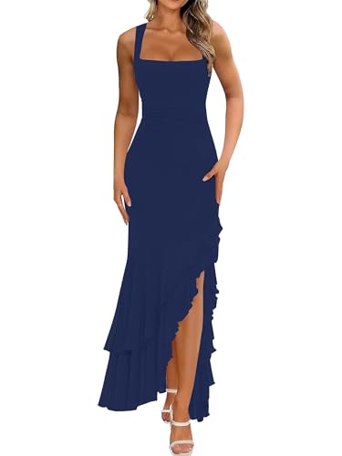 BORIFLORS Womens Elegant Bodycon Ruched Maxi Cocktail Dress Mesh Sleeveless Mermaid Ruffle Beach Wedding Guest Long Dresses Small Navy
