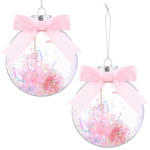 Image of Skylety 2 Pcs Witch Theme Christmas Ball Ornament 4 Inch Large Princess Pink Ball Glitter Sequins Hanging Decorations with Bow Magic Wand and Peach Blossom for Holiday Xmas Tree Witch Party Decoration