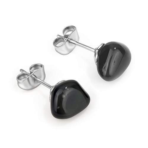 Obsidian Earrings, Healing Crystal Black Onyx Earrings with Hypoallergenic Stainless Steel, 8-12MM Natural Stone Black Stud Earrings for Women Men (Obsidian)