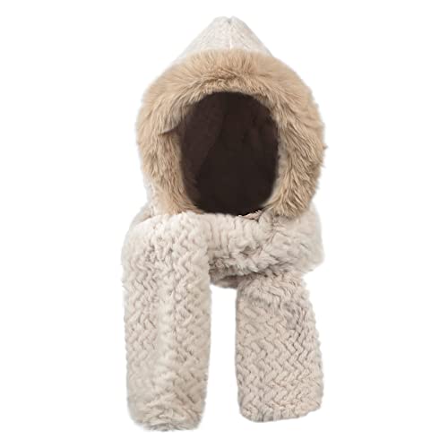 Women Girls Faux Fur Winter Knitted Hat Scarf 2-in-1 Set Plush Fluffy Head Wrap Neck Ear Warmer Infinity Hooded Scarf