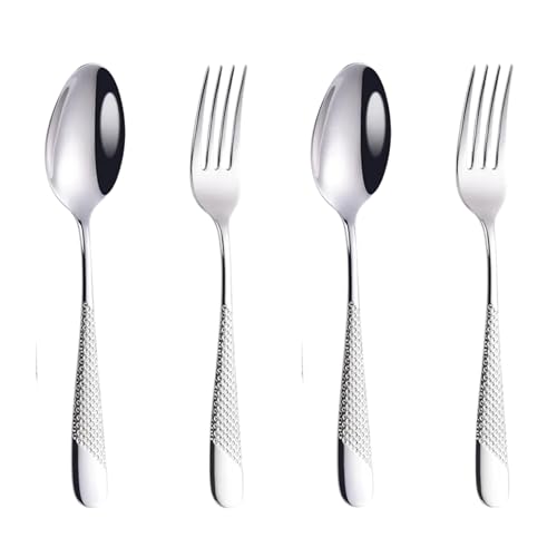 Image of Sterling Silver French Style Silverware | 4-Piece Hammered Cutlery | 2-Piece Dinner Fork & Dinner Spoon | Stainless Steel Flatware | Elegant Dining for Home,Restaurants & Gifting