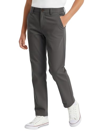 PATPAT Youth Boys Straight Pants Dark Gray Size 11-12 Years School Uniform Casual Elastic Waist Zip Button Closure Chino Twill Pants with Pockets