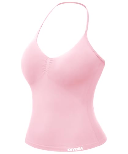 TAYOEA Tank Top Damen Bauchfreies Oberteil mit V-Ausschnitt Rückenfreies Crop Top mit Integriertem Pads Damen für Yoga Gym Rosa M