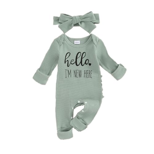 Image of FIOMVA Im New Here Newborn Outfit Girl Long Sleeve Letter Romper Ribbed Knit Jumpsuit Baby Girl Preemie Coming Home Outfit
