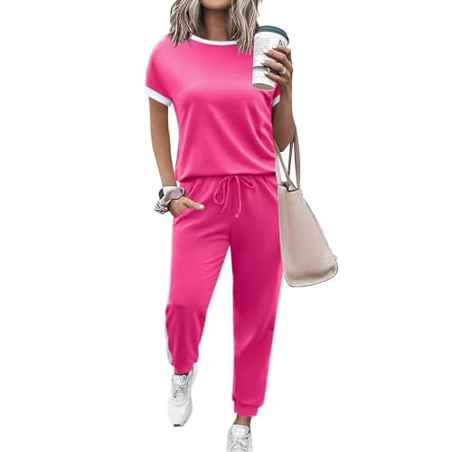 Marvmys Women Short Sleeve Tracksuit Set 2 Piece Sweat Set Outfits Color Block Jogging Suits with Pockets XX-Large Hot Pink