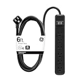 GE 6-Outlet Power Strip, 6 Ft Extension Cord, Heavy Duty Plug, Grounded, Integrated Circuit Breaker, 3-Prong, Wall Mount, ETL Listed, Black, 14088