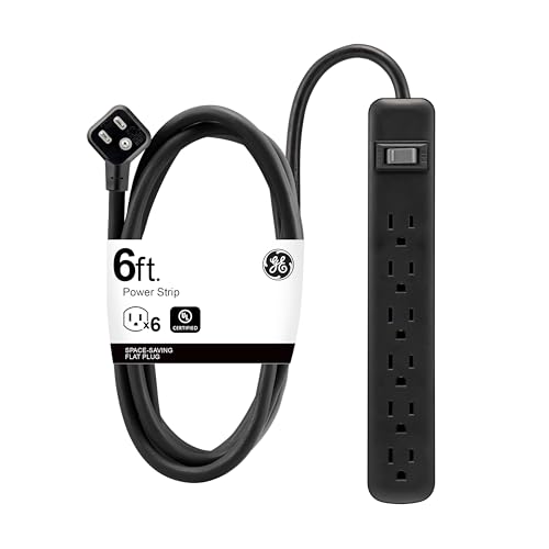 GE 6-Outlet Power Strip, 6 Ft Extension Cord, Heavy Duty Plug, Grounded, Integrated Circuit Breaker, 3-Prong, Wall Mount, ETL Listed, Black, 14088