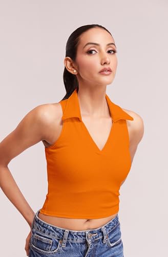 Image of BERRY BIRD Stylish Sleeveless V-Neck Slim Fit Collar Ribbed Knit Tank Crop Tops for Women & Girls Beach and Gym Wear and Western Trendy Fashion