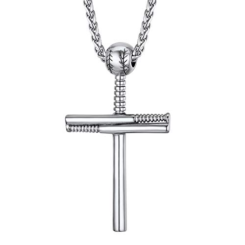 U7 Baseball Bat Necklace Stainless Steel Cool Men Sports Jewelry Youth Athelets Personalized Gift Cross Pendant, 22 Inch+2