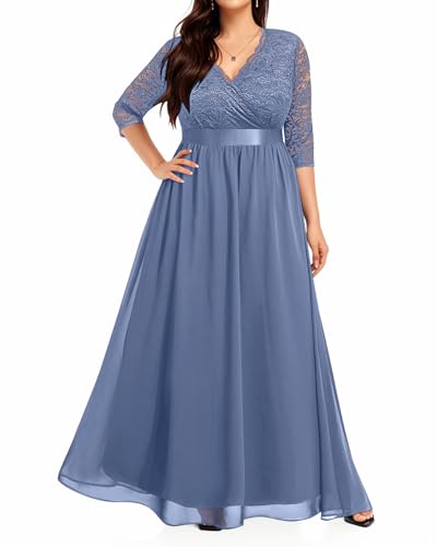 Image of Pinup Fashion Wedding Dresses for Bride Plus Size - Formal Evening Gown Wrap Neck Lace Chiffon Long Dress