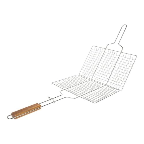 Double Grille Barbecue Rectangle 34x22 cm en Acier Chromé avec Manche en Bois – Parfait pour des Grillades Maîtrisées