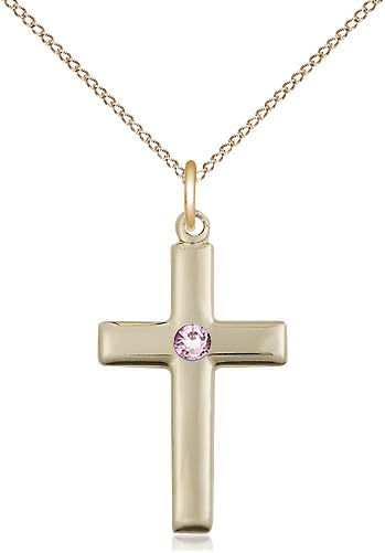 14kt Gold Filled Cross Pendant with a 3mm Light Faux Amethyst Purple Austrian Crystal stone on a 18 inch Gold Filled Light Curb Chain.