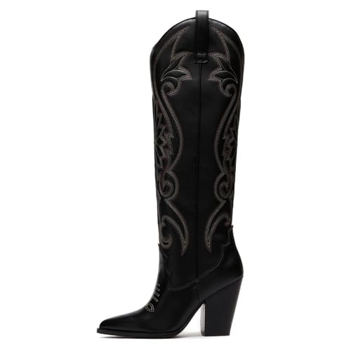 WIRALOMI Cowboy Boots for Women Knee High Cowgirl Boots with Embroidered Chunky Heel Western Tall Boots