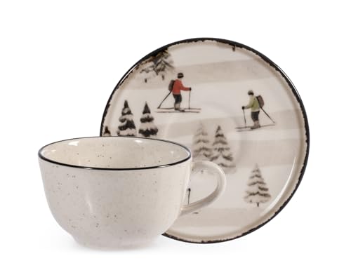 H&H Set 2 Tazze da Tè/Cappuccino in Stoneware 200cc con Piattino – Decoro Retro Skier, Beige Puntinato con Bordo Nero, Piattino con Piste e Sciatori Innevati, Perfette per l’Inverno