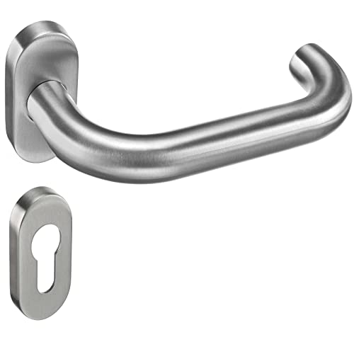 Sempro Schmalrahmen U-Form PZ Drückergarnitur auf 26x62mm Oval Rosette aus rostfreier V2A Edelstahl. Für Gartentor geeignet. Keine Rückfeder. Schraubenabstand 45mm Cover