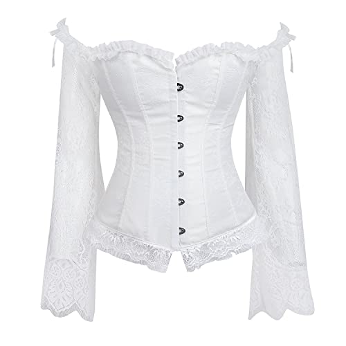 Zooma Femmes Princesse Renaissance Lace Up Corset, Floral Ruched Sleeves Bustier, Femme Steampunk Lingerie Gothique Bustier